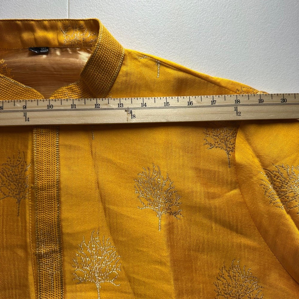 Mens Mustard Yellow Gold Tree Embroidered Kurta Tunic Mandarin Collar Size 44 - Picture 8 of 15